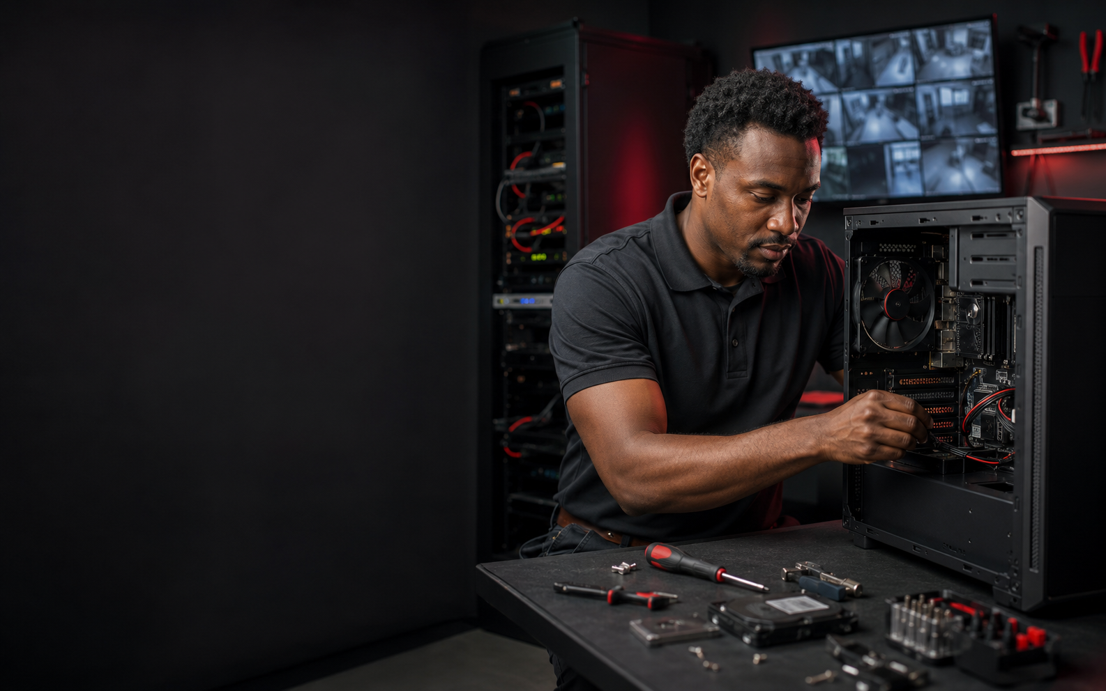 IT technician professionally servicing a desktop computer